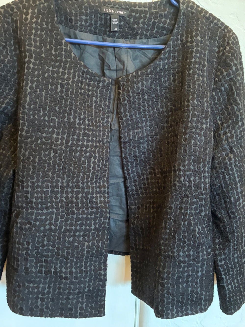Eileen Fisher Black Textured Open-Front jacket, L, organic cotton